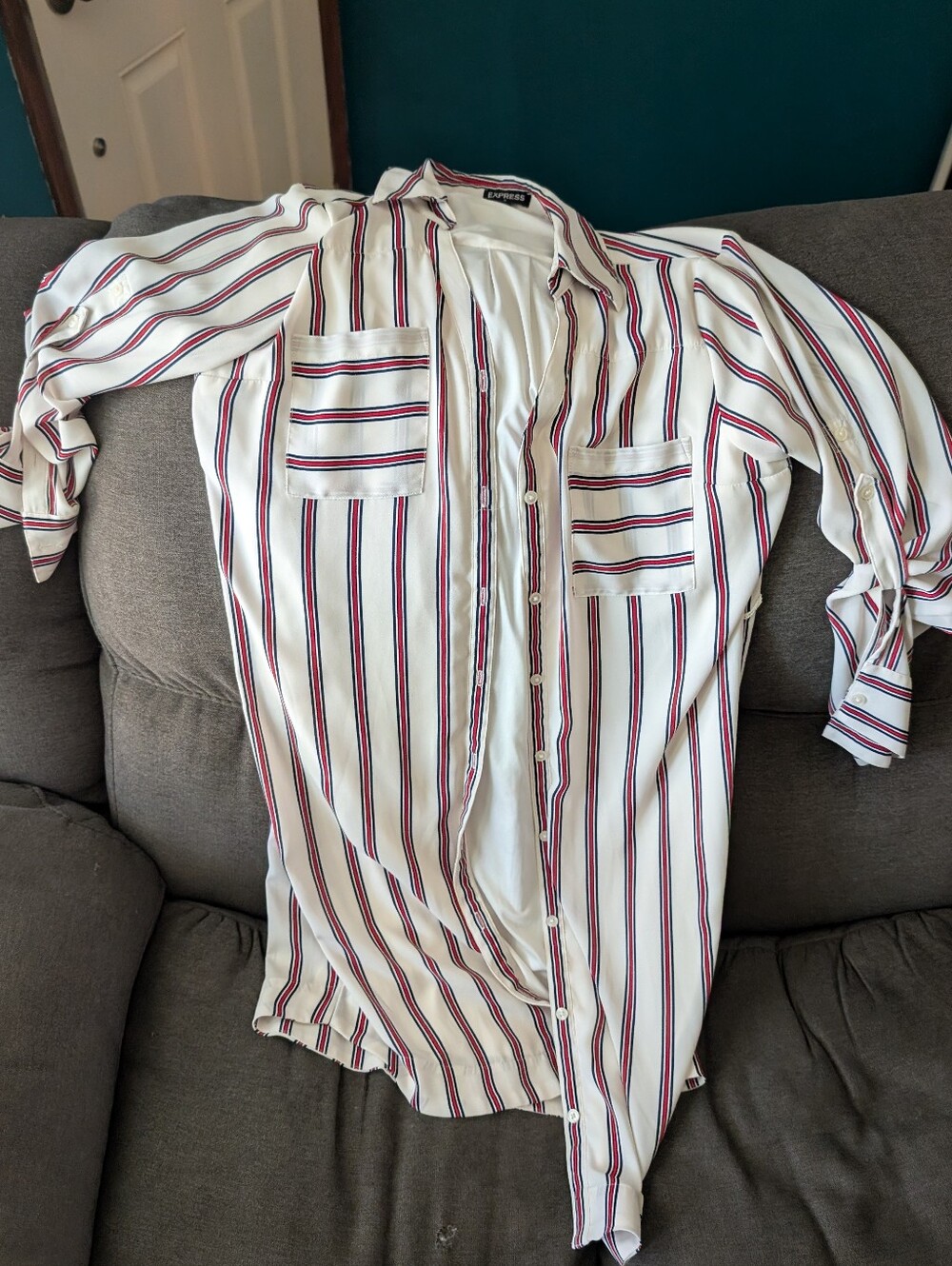 Express White Button-Down Dress with Red and Navy Stripes